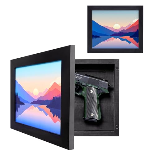 Dononr Hidden Gun Storage, Hidden Gun Safe for Pistols with Magnetic, Wooden Picture Frames for Handgun, Hidden Storage Gun Safe Home Furniture, Concealment Furniture Picture Frame Box, Black