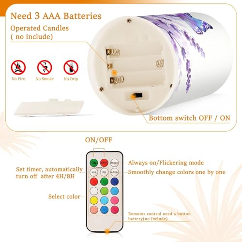 Image of Flickering Flameless Candles, Lavender Butterfly Purple LED Candles with Remote Timer, Set of 2 Battery Operated Candle for Valentine Wedding Birthday