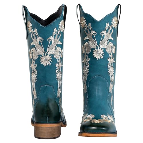 SheSole Women's Floral Rhinestones Square Toe Cowboy Boots Western Country Wedding Cowgirl Boots Wide Calf4