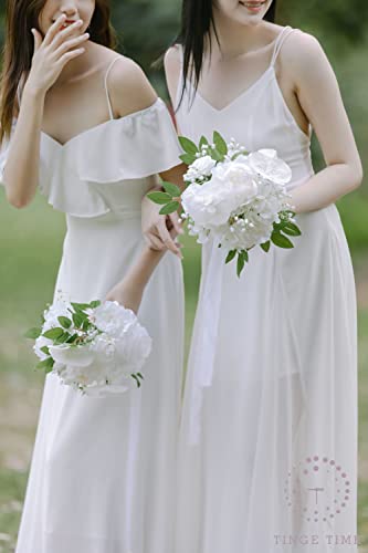 Tinge Time 7 Inch Snowy White Wedding Bouquets For Bridesmaid, Set Of 6, Artificial Flowers Cascading Bridal Bouquet For Wedding Ceremony Anniversary, Bridal Shower And French Rustic Vintage Wedding #TOP4