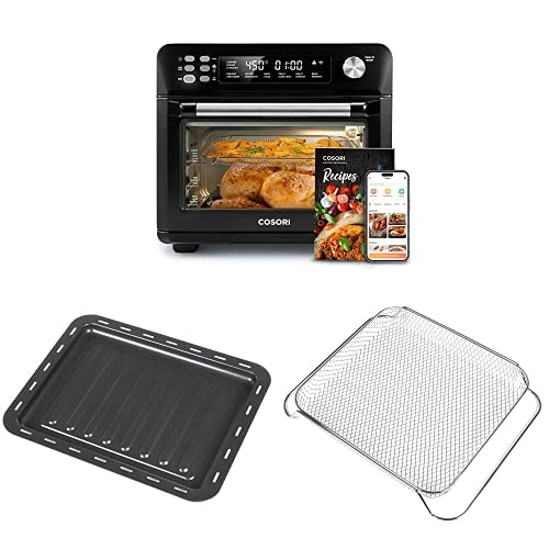 This is a picture of a product for sale called COSORI Air Fryer Toaster Oven,  12-in-1 Convection Ovens CS100-AO Black and Food Tray,  with Food Tray and Fryer Basket
