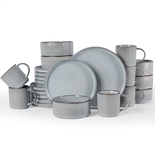 Image of Famiware Star 24-Piece Stoneware Dinnerware Sets, Service for 6 - Reactive Glaze Mugs, Plates and Bowls, Dishes for Everyday & Formal Use, Chip /Scratch Resistant, Microwave /Dishwasher Safe, Smoky Blue