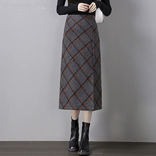FENGJIAREN Jupe Longue en Laine d'hiver - Jupe Crayon pour Femme Taille Haute Élégante Côté Ouvert Slipt Imprimé À Carreaux, Chaud Épaissir Hiver Femme Grande Taille Jupe Longueur Genou, Gris, L Cover