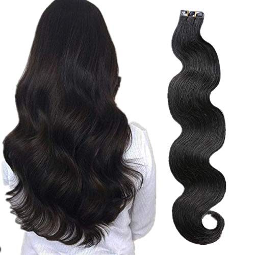 BESFOR 18" Seamless Tape in Hair Extension Remy Human Hair Off Black #1B Skin Weft Glue in Hair Extension 20pcs 40g/pack
