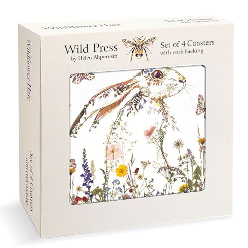 Museums & Galleries Set of 4 Cork Backed Coasters - Wild Press Wildflower Hare Design by Helen Ahpornsiri - Statement Coasters for the Home