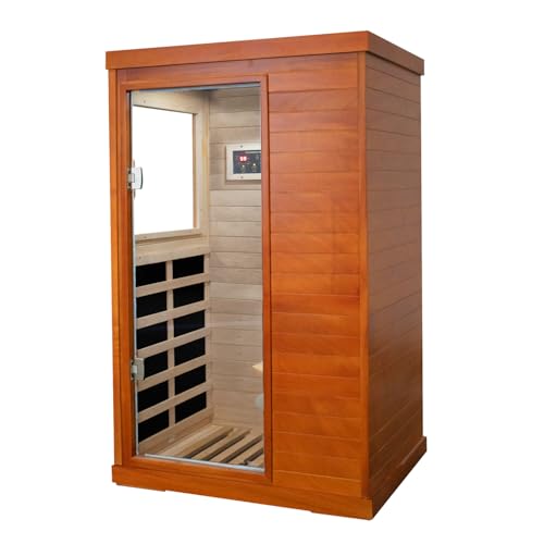 1 Person Far Infrared Home Sauna, Low EMF 800W Indoor Wood Sauna with Control Panel & Tempered Glass Door, 110V (35.2 x 27.6 x 61.6 Inch)