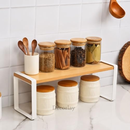 Image of Decorlay Metal & Wooden Spice Rack Countertop Organizer Space Saver Counter-Top Storage For Kitchen, Tabletop, Floor Standing Bathroom, Office, And Cosmetics (White + Beech, Single - Tier)