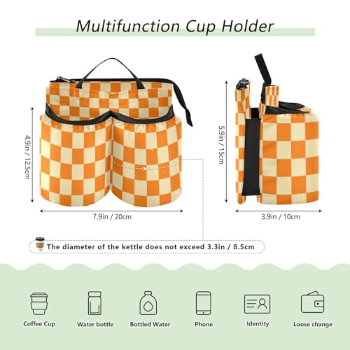 Image of Luggage Cup Caddy Bag Carrier with Handle - Free Hands Travel Drink Holder in Checkered Orange