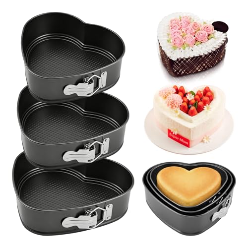 Waylenbo Set of 3 Springform Cake Tins Heavy Duty Double Layer Non-Stick Coating Removable Base Heavy Duty Carbon Steel Perfect for Frozen Desserts - Oven Safe Bakeware (heart-shaped)