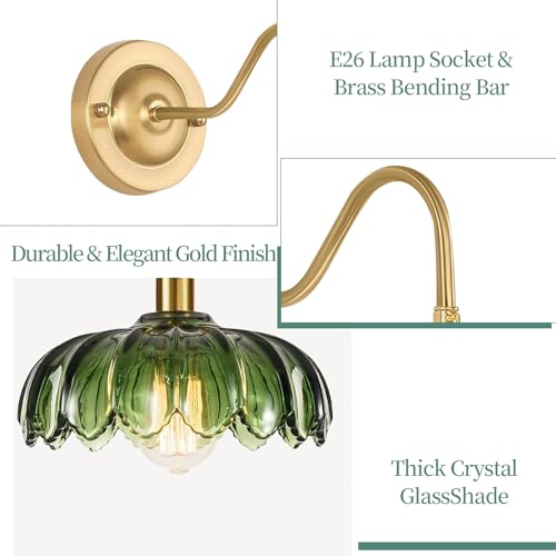 Image of ZECOXOL Vintage Plug in Wall Sconces Set of Two,Dimmable Wall Sconces Lamp with Plug in Cord & Flower Glass Lampshade,Gold Sconces Wall Decor Set of 2 Plug in Wall Lights Sconces for Bedroom