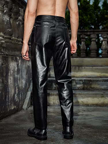 WDIRARA Men's High Waisted PU Leather Zipper Fly Solid Tapered Pants with Pockets2
