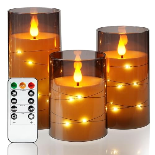 Image of Flickering Flame with Fairy Lights | Flameless Candles 3 Set | Grey Acrylic LED Pillars | Remote & Timer | Battery Operated | D3 xH4 5 inch 6 inch | Home Decor | Safe & Stylish