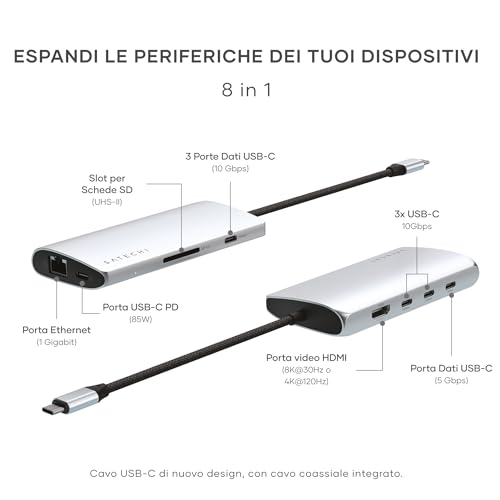 SATECHI 8 in 1 Hub USB-C V3 con Ethernet, Ricarica PD 85W, HDMI 8K, 4 Porte USB-C 10 Gbps, Lettore SD UHS-II, per MacBook Air e Pro, PC, Portatile e altro – Argento - Hub USB - Immagine 3