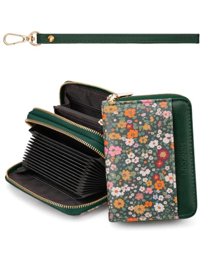 Image of Green Floral Credit Card Holder for Women,Accordion Wallet | RFID Blocking Card Wallet, Vegan Leather with Wristlet, dual independent zipper compartments,17 Card Slots