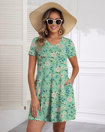 Image of COSSEN Women's Casual T Shirt Dress V-Neck Short Sleeves Swing Dresses Birthday Party Summer Travel Beach with Pocket