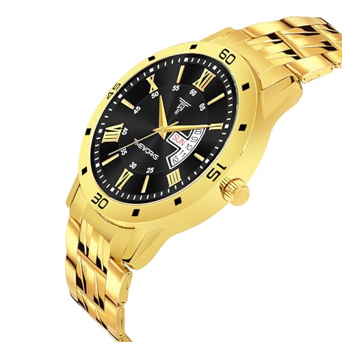 Image of TIMEWORKS Stainless Steel Designer Golden Round Shape Day & Date Dial Men's & Boy's Analog Watch, Band Color:Gold