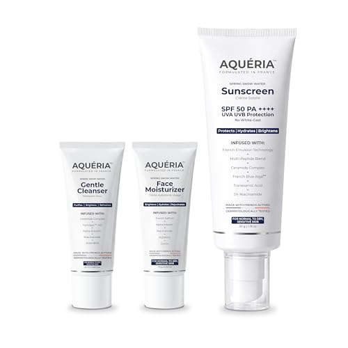 Image of Aqueria Travel Kit for Dry, Normal, Sensitive Skin | Brightening & Hydrating French Sunscreen (50g) | 5% Niacinamide & Ceramides French Face Wash (20ml) | Brightening Gel Based Daily French Moisturizer (15g) | Fragrance-Free, Non-Drying, Dermatologist Validated, Lightweight, Non-Greasy, No White Cast | Suitable for Daily Use