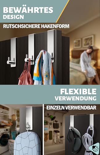 Menz Türhaken - 6 Stück Edelstahl Türhaken zum Einhängen, stabile Kleiderhaken Tür, Haken zum Einhängen als flexible Türgarderobe, Türhakenleiste