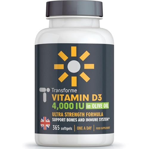 Transforme Vitamin D3 4000 IU in Olive Oil, 365 Capsules 1 Year Supply, Maximum Strength High Absorption Softgels, Easy to Swallow Quadruple Strength Vitamin D Cholecalciferol - Not Tablets