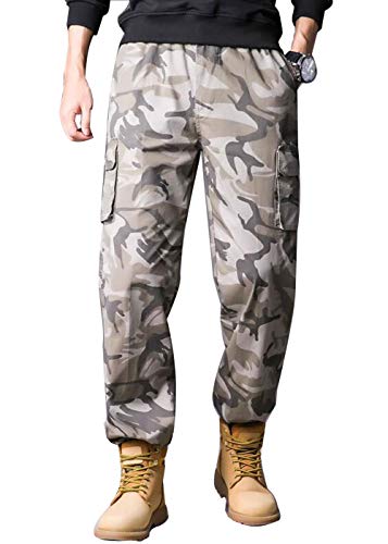 Men's Full Elastic Waist Camo Military Multi Pockets Casual Will Camouflage Cargo Pants Trousers