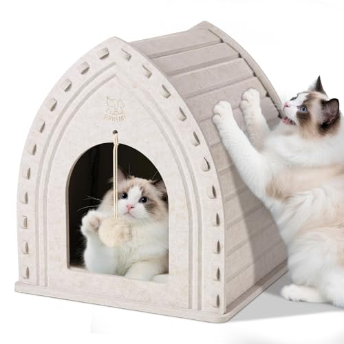Apasiri Cat Houses for Indoor Cats: Cozy Indoor Pet Shelter with No-Tool Assembly, Thermal Enclosed Cathouse & Scratcher House for Anxious Kittens, 11.6x11.6x13.8 Inches