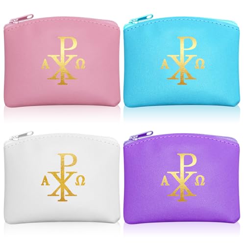 Image of Dansydaisy 4 Pcs Rosary Pouch Catholic with Gold Cross PU Leather Rosary Case for Women and Men Coin Purses Holder Zipper Bag for Travel Christmas, 4 Colors(Elegant Colors,Chi Rho)