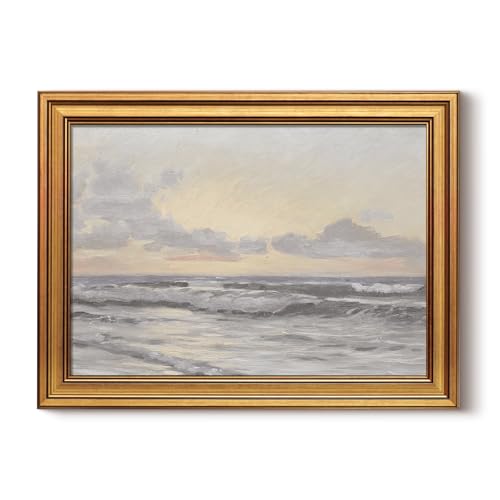 Image of HUARCEY Gold Framed Vintage Wall Art for Living Room, Landscape Painting Prints Shelf Decor for Kitchen, Aesthetic Bedroom Wall Art, Christmas Gifts for Friends or Family (Sea or Sky - 12 inchx16 inch)