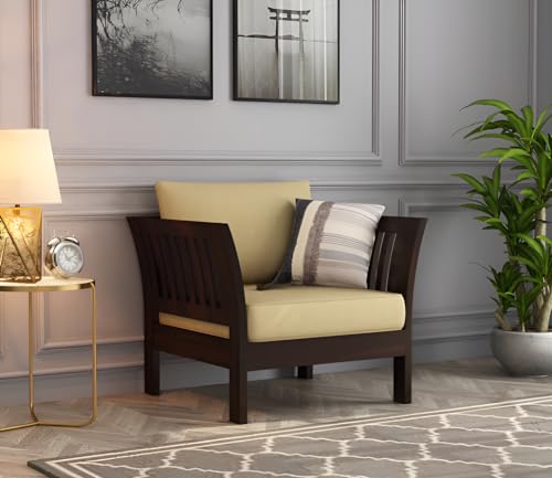 Image of Solid Sheesham Wood Single Seater Sofa with Cream Cushion | Wooden 1 Seater Sofa for Home Bedroom Living Room Hall and Office (Walnut Finish)