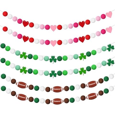 Fanfanwin 6 Pcs Valentine's Day Felt Banner 39 ft Pom Pom Felt Garland Football Felt Banner Tailgate Party Decorations St. Patrick's Day Garland for Home Wall Mantle Office Valentine Holiday Decor Cover
