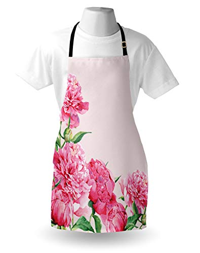 Lunarable English Garden Apron, Peonies Watercolor Painting Spring Romance, Unisex Kitchen Bib With Adjustable Neck For Cooking Gardening, Adult Size, Blush Pink #TOP2