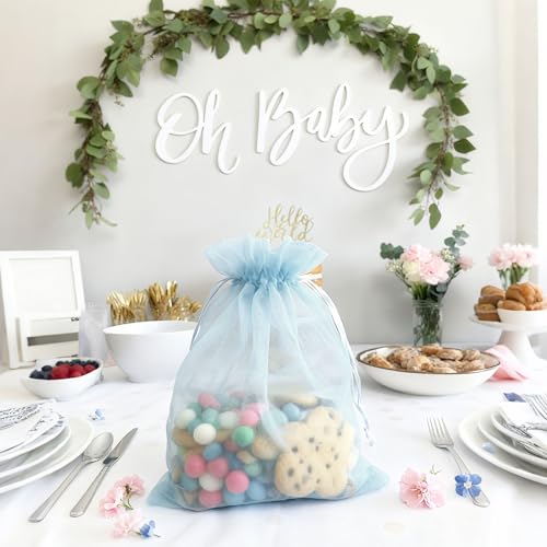 Image of 100PCS Baby Blue Organza Bags, 4x6 Inch Small Mesh Bags Drawstring, Jewelry Gift Bags for Baby Shower Party Candy