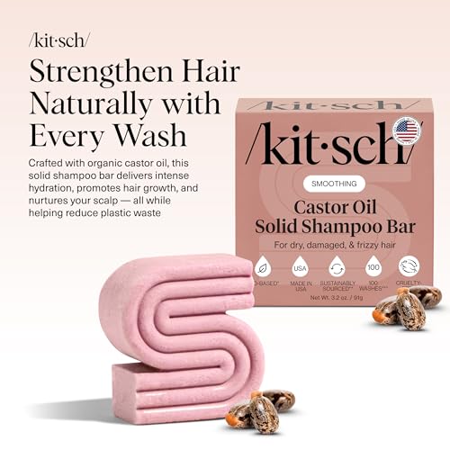 Kitsch Castor Oil Shampoo Bar Soap - Hydrating & Moisturizing Hair Care - Organic Castor Oil Solid Shampoo for Hair Growth & Scalp Nourishment - Silicone & Paraben-Free, Vegan - 3.2oz