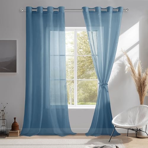 DWCN 2er Set Gardine Ösenschal Transparent Vorhang Sheer Voile Vorhänge mit Ösen Transparente Gardinen mit Vorhang-Krawatten, Dunkelblau, 240x140cm(HxB)