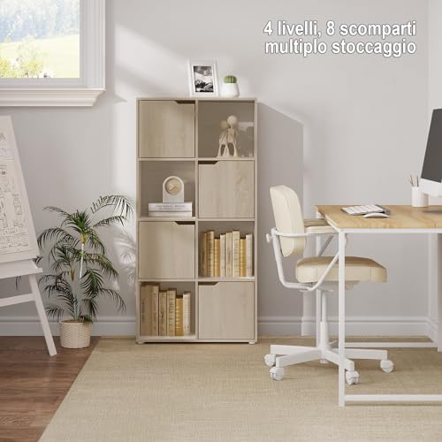 WOLTU Libreria Autoportante, Porta Libri a 8 Cubi, Libreria con 4 Ante, Scaffale Portaoggetti per Soggiorno, Ufficio, Studio, Camera da Letto, in Legno, Rovere Chiaro, SK039hei - Immagine 2
