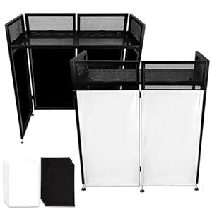 Neoaider DJ Booth Portable 20″ x 42″ x 44″, DJ Facade Booth with Black & White Lighting Scrims, 40“ x 20″ Standing DJ Table, Foldable Metal Frame DJ Booth Panel for Show, Wedding and Etc.