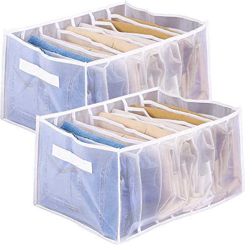 Extra Large Oversize Jeans Wardrobe Clothes Organizer, 7 Grid Mesh Closet Shelf Organizers For Jeans Pants T-Shirts, 17.3-Inch With Handle Foldable Drawer Storage Box Bedroom (White, 2Pcs Upgraded) #TOP25