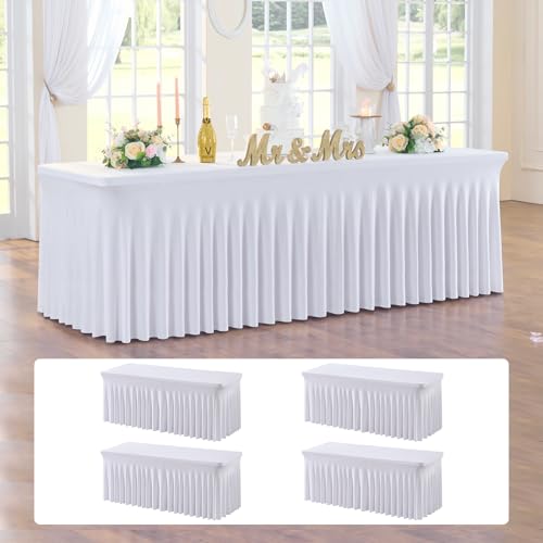 Image of 4 pk White Spandex Table Cloth Rectangle 8ft with Ruffle Skirt,Wrinkle Free High-Stretch Fitted Tablecloths for 8 Foot Rectangle Tables,Elastic Spandex Table Covers 8 ft for Parties Weddings Banquet