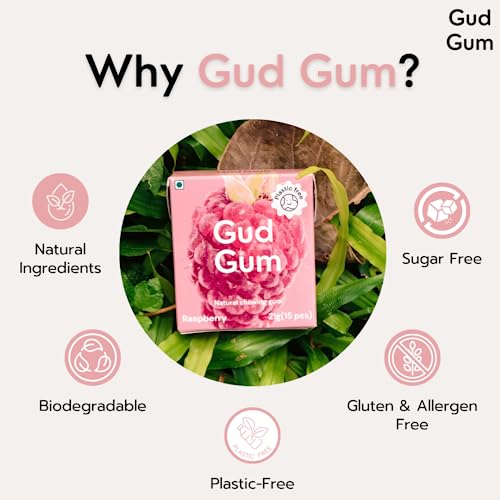 Image of Gud Gum- Natural, Plastic Free Chewing Gum- Pack of 2- No added artificial colours, flavours & sweeteners (Raspberry)