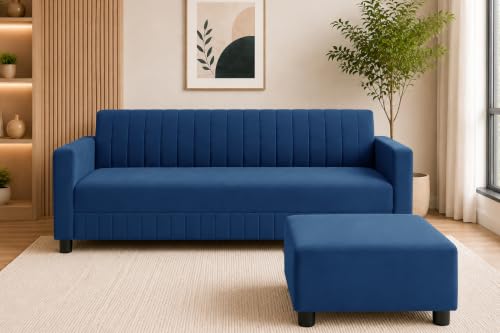 Image of 3 Seater Velvet Sofa with Ottoman | Modern Upholstered Couch | Comfortable Living Room Sofa | Durable & Stylish Seating for Home, Office & Guest Room - Blue Color
