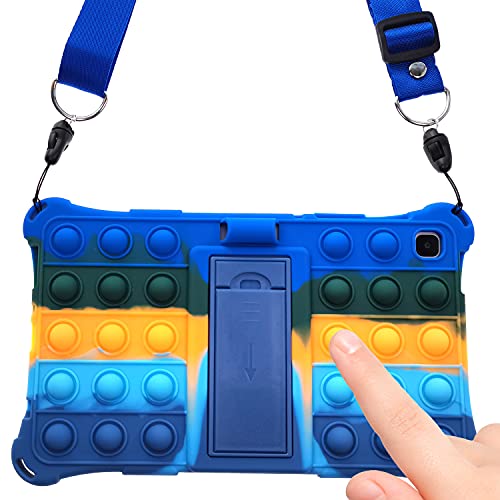 iZi Way Pop it Tablet Case for Samsung Tab A7 10.4 2020 |SM-T500 / T505 / T507 Kids Boys, Puppet Fidget Bubble Wrap Silicone Case Stand Strap Pencil Holder for Samsung Galaxy Tablet Tab A7 - Blue