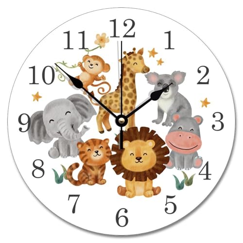 LMMIXEE Horloge murale ronde pour chambre de bébé, chambre d'enfant, 25,4 cm motif animaux de la jungle, horloge murale ronde à piles, silencieuse, sans tic-tac, décoration murale pour chambre à