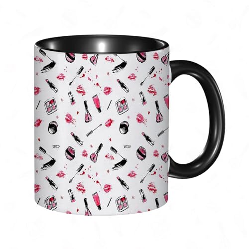 reyawdf Original Tasse mit lustigem Design,Lippenstift-Wimperntusche-Nagellack,weibliche Kosmetik,rosa Schwarzes,330ml, für Kaffee- und Teeliebhaber, als Geschenk für Weihnachten, Geburtstag und mehr
