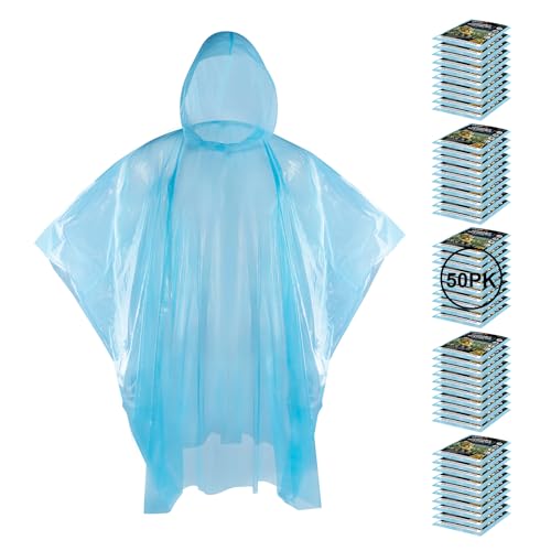 APEXUP Disposable Rain Ponchos for Adults, Emergency Rain Poncho for Camping Hiking Travelling Blue 50 Pack