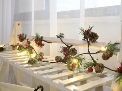 Queta Guirnalda de Navidad para Decoración, Guirnalda de Pinos Con Cadena de Luz de Cobre Mejorada, Conos y Bayas Artificiales - Para Puerta, Escaleras, Chimeneas, Corona (3 m, 30)