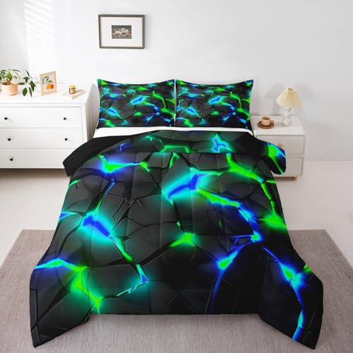 Image of Feelyou Kids Honeycomb Bedding Set King Size, Blue Green Hexagonal Duvet Insert Geometrical Comforter Set Boys Girls Teens Bedroom Decor Microfiber Bed Set
