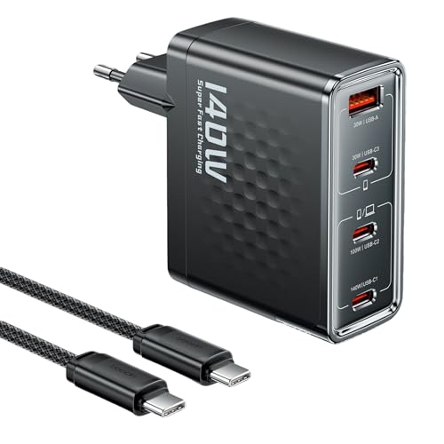 140W GaN USB-C Snellader 4-poorts (3x USB-C, 1x USB-A) PD3.1 Power Adapter voor MacBook Pro, iPhone, Samsung