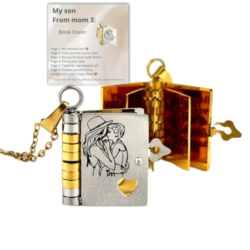 For Son - My Beloved Son Book Necklace,To My son from Mom Dad,Adjustable Silver 18k Gold book Necklaces with 6 Pages of Engraved Information,Openable Multi Layer Necklace Jewelry Gift