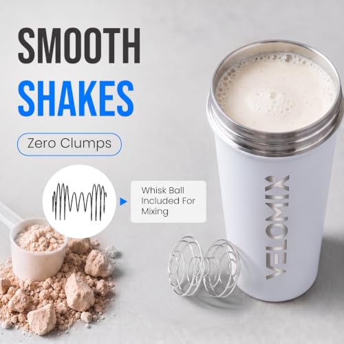 Image of VELOMIX 24oz Stainless Steel Shaker Bottle with Wire Whisk (White)