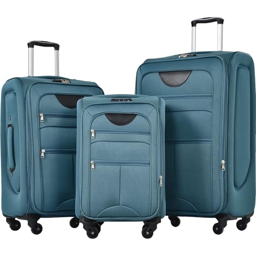 Expandable 3 Piece Softside Luggage Set with Spinner Wheels - Lightweight Green Travel Bags with TSA Lock
