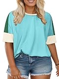 Plus Size Shirts for Women Fashion Color Block Tops Cute Short Sleeve Tees Light Green 2XL